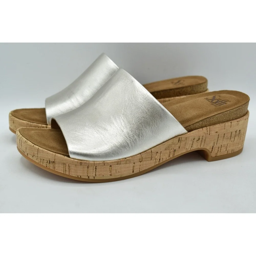 Sofft Cass Wedge Sandals Womens 8.5 Silver Platino Leather Platform Slides Boho